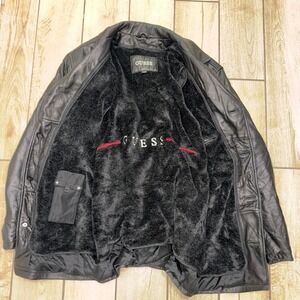 GUESS Black Leather Coat Jacket Fuzzy‎ Lined Winter Menswear